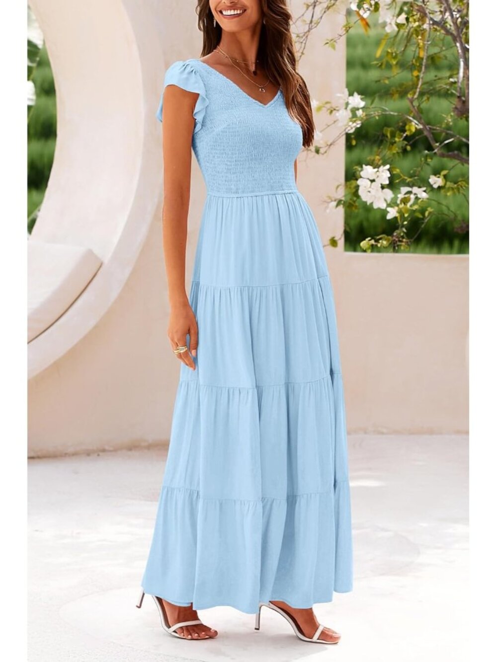 Women's Light Blue Summer Maxi Dress Casual Cap Sleeve V Neck Smocked Beach - Picture 4 of 6